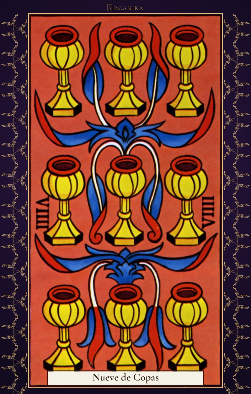Nueve de Copas — carta del Tarot, mazo Arcanos de Marsella