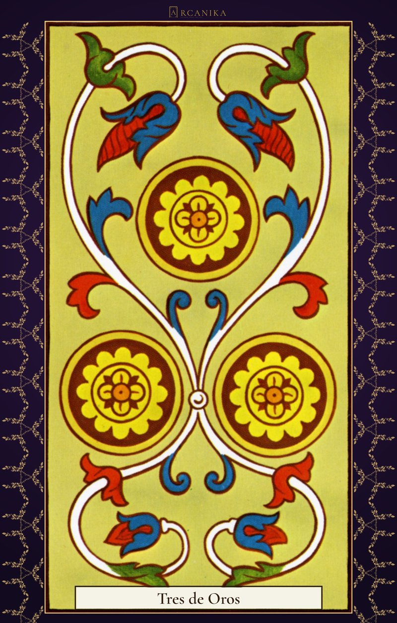 Tres de Oros — carta del Tarot, mazo Arcanos de Marsella