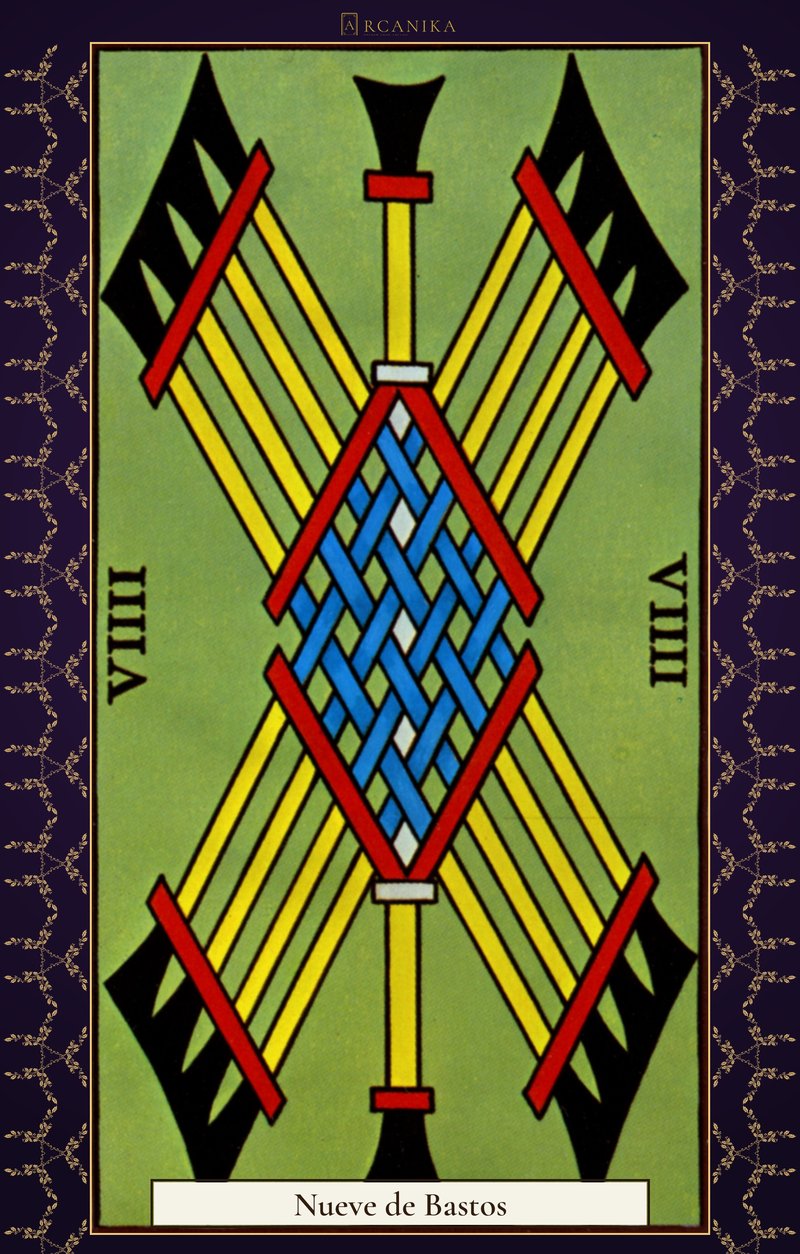 Nueve de Bastos — carta del Tarot, mazo Arcanos de Marsella