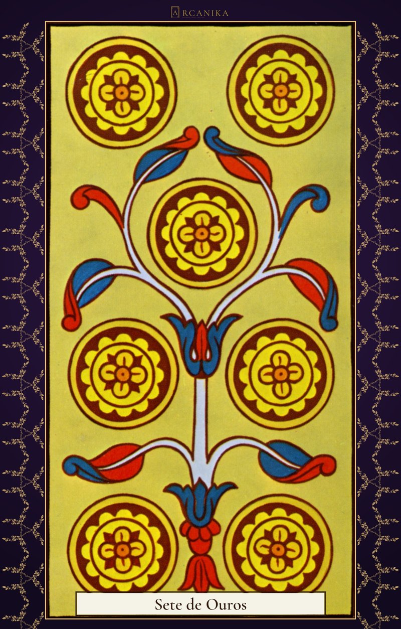 Sete de Ouros — carta de Tarô, baralho Arcanos de Marselha