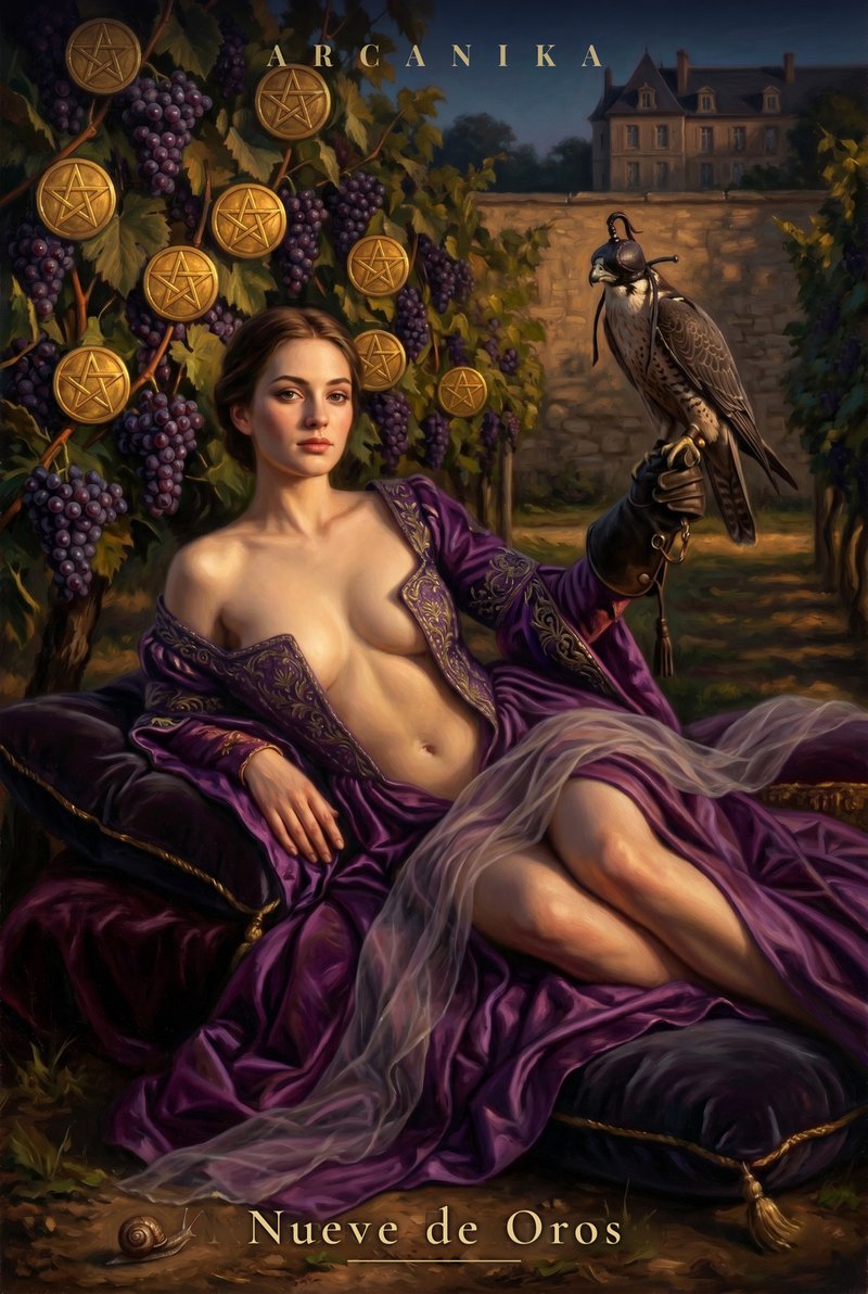 Nueve de Oros — carta del Tarot, mazo Soblazn — Tarot Sensual